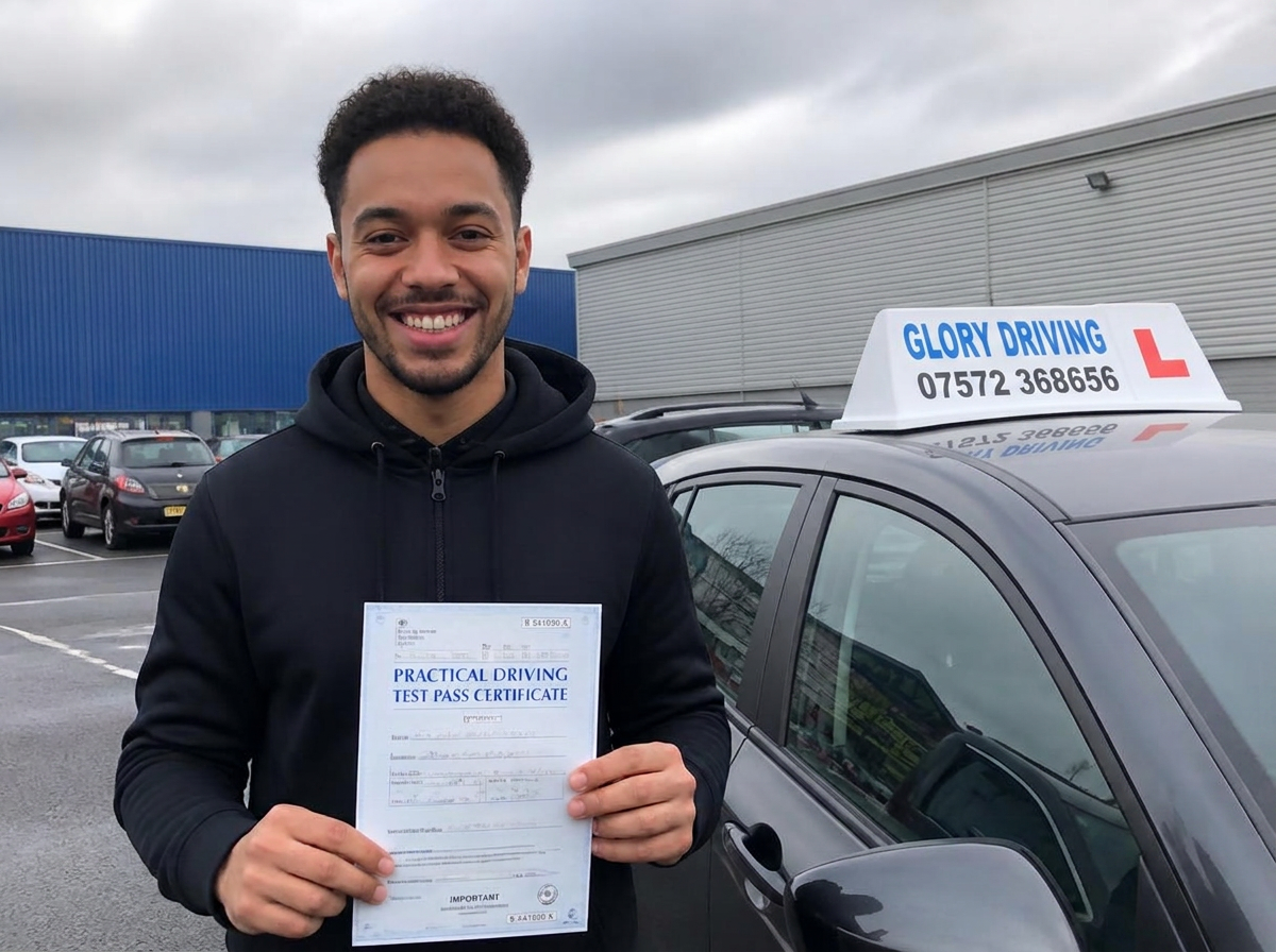 Happy learner holding a practical driving test pass certificate